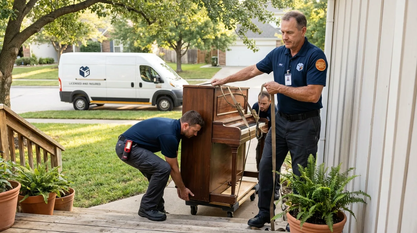 Licensed piano movers securing grand piano in Monroe, MI