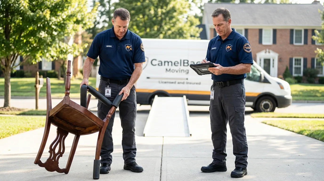 Movers inspecting furniture for damage prevention before loading in Monroe, MI