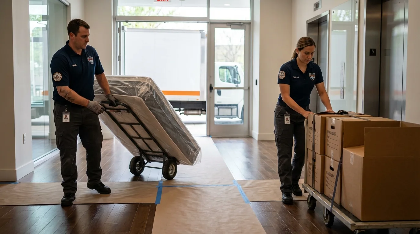 Professional apartment movers loading elevator in Monroe, MI