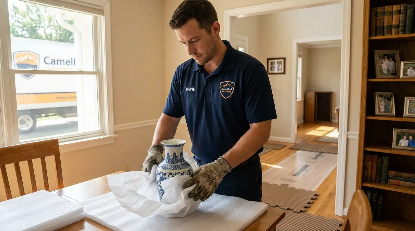 Professional crew carefully wrapping antique vase for senior downsizing move in Monroe, MI